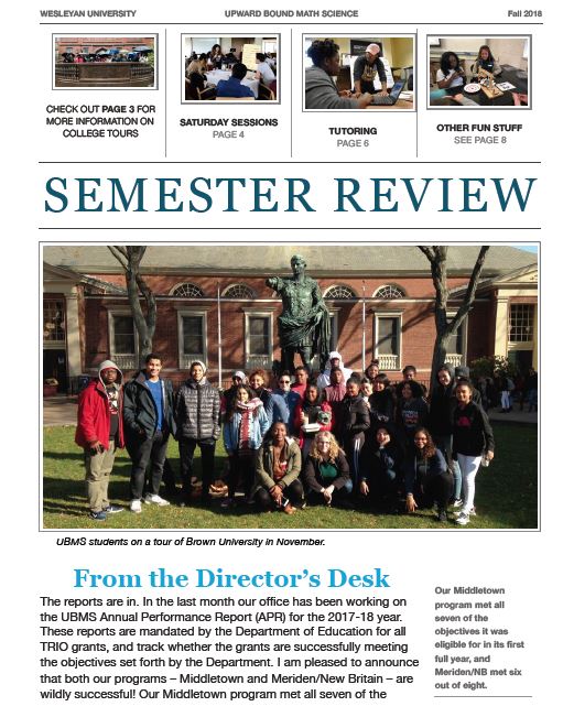 Front page of the UBMS newsletter with a picture of students at Brown University.